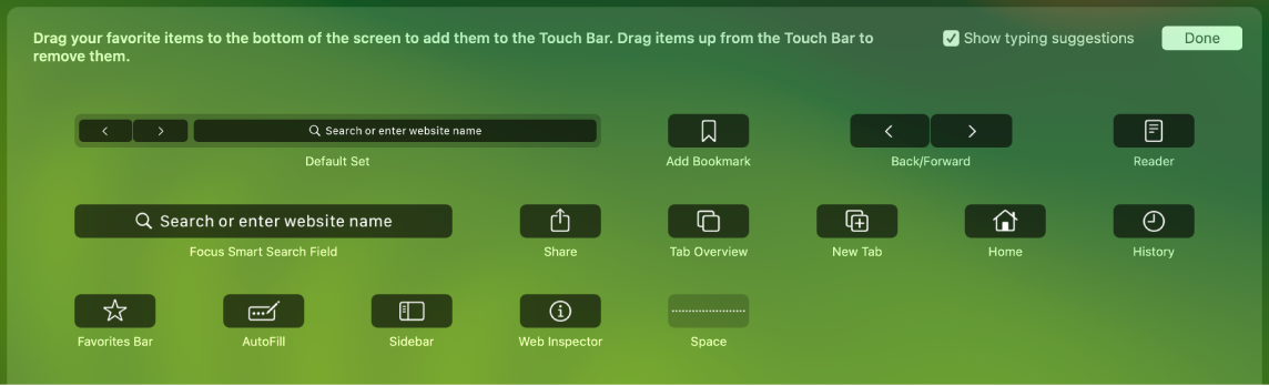 Pilihan Sesuaikan Safari yang dapat diseret ke Touch Bar.