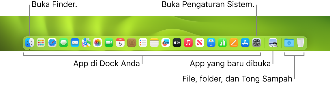 Dock, menampilkan Finder, Pengaturan Sistem, dan pemisah di Dock yang memisahkan app dari file dan folder.