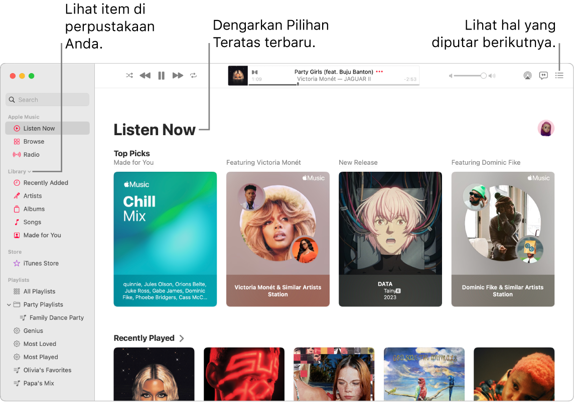 Jendela app Musik menampilkan cara untuk melihat perpustakaan Anda, mendengarkan Apple Music, dan melihat lagu yang akan diputar berikutnya.