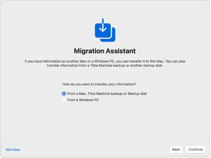 Una schermata di Impostazione Assistita che mostra Assistente Migrazione. È selezionato un riquadro per trasferire informazioni da un Mac.