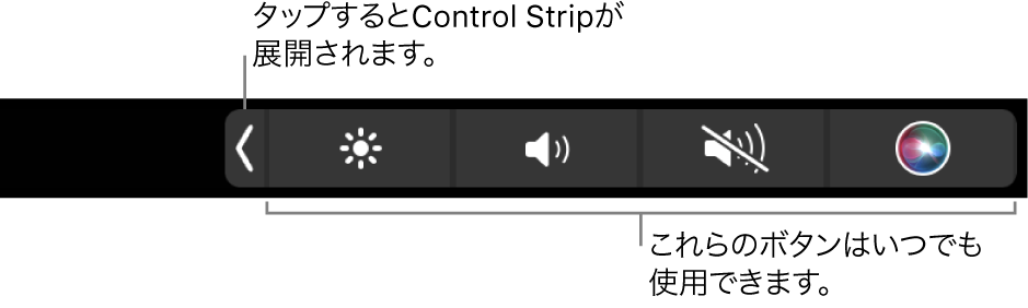 デフォルトのTouch Barの画面の一部。常に使用できる輝度、音量、消音のボタンを含む、折りたたまれたControl Stripが表示されています。展開ボタンをタップすると、Control Strip全体が表示されます。
