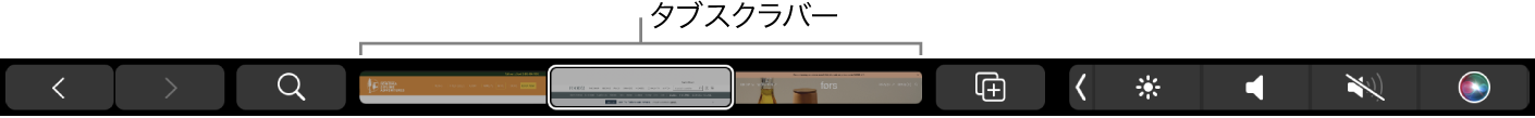 SafariのTouch Bar。戻る矢印と進む矢印、検索ボタン、タブスクラバー、およびブックマークを追加ボタンがあります。