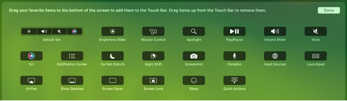 Elementai, kuriuos galite individualizuoti juostoje „Control Strip“, nuvilkdami juos į „Touch Bar“.