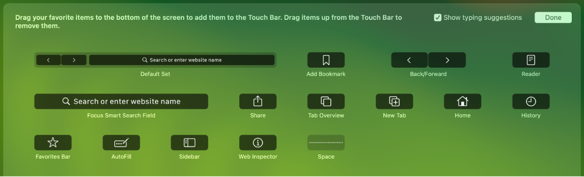 „Safari“ individualizavimo parinktys, kurias galima nuvilkti į „Touch Bar“.