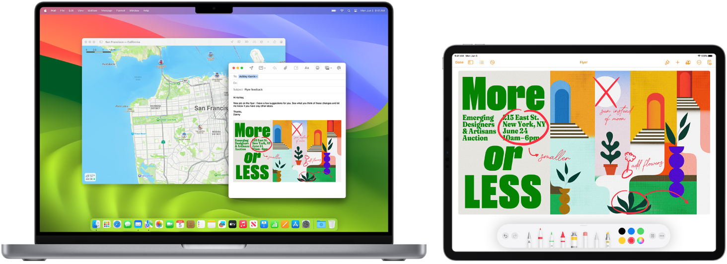 „MacBook Pro“ ir „iPad“ vienas šalia kito. „iPad“ ekrane rodoma skrajutė su pastabomis. „MacBook Pro“ ekrane yra „Mail“ žinutė ir skrajutė su pastabomis iš „iPad" kaip priedas.