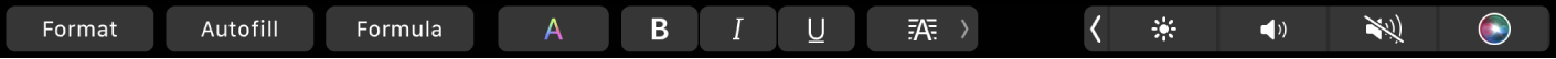 Rodomi programai „Numbers“ pritaikytos „Touch Bar“ mygtukai „Format“, „Autofill“ ir „Formula“. Taip pat pateikiami teksto formatavimo mygtukai, skirti pasirinkti spalvą, pusjuodį, kursyvinį ar pabrauktą šriftą ir lygiavimą.