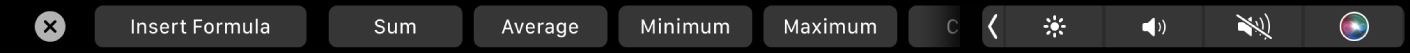 Lietotnes Numbers josla Touch Bar ar parādītām izvēlnes Formula pogām. Pogas ir summai, vidējam lielumam, minimālajam lielumam un maksimālajam lielumam.