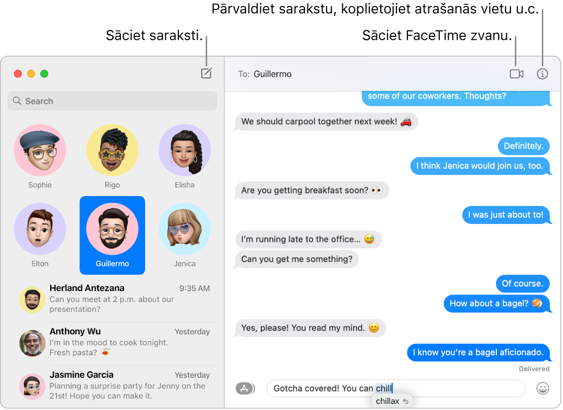 Lietotnes Messages logā parādīts, kā sākt saraksti un kā sākt FaceTime zvanu.