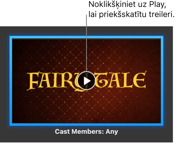 Lietotnes iMovie treilera ekrānā redzama poga Play.