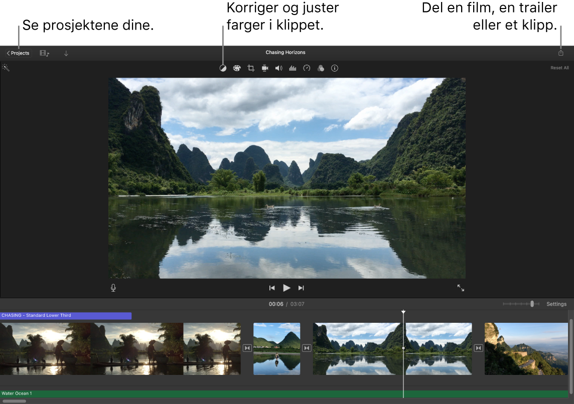 Et iMovie-vindu som viser knappene for å se prosjekter, korrigere og justere farger og dele filmen, traileren eller filmklippet.