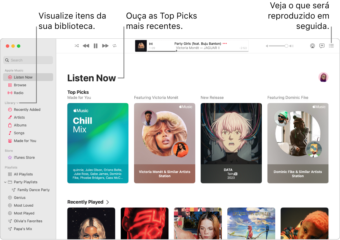 Uma janela do app Música mostrando como visualizar a biblioteca, ouvir o Apple Music e ver o que vai tocar a seguir.