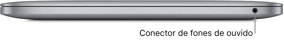 Vista da lateral direita de um MacBook Pro, com chamada para o conector de fones de ouvido de 3,5 mm.
