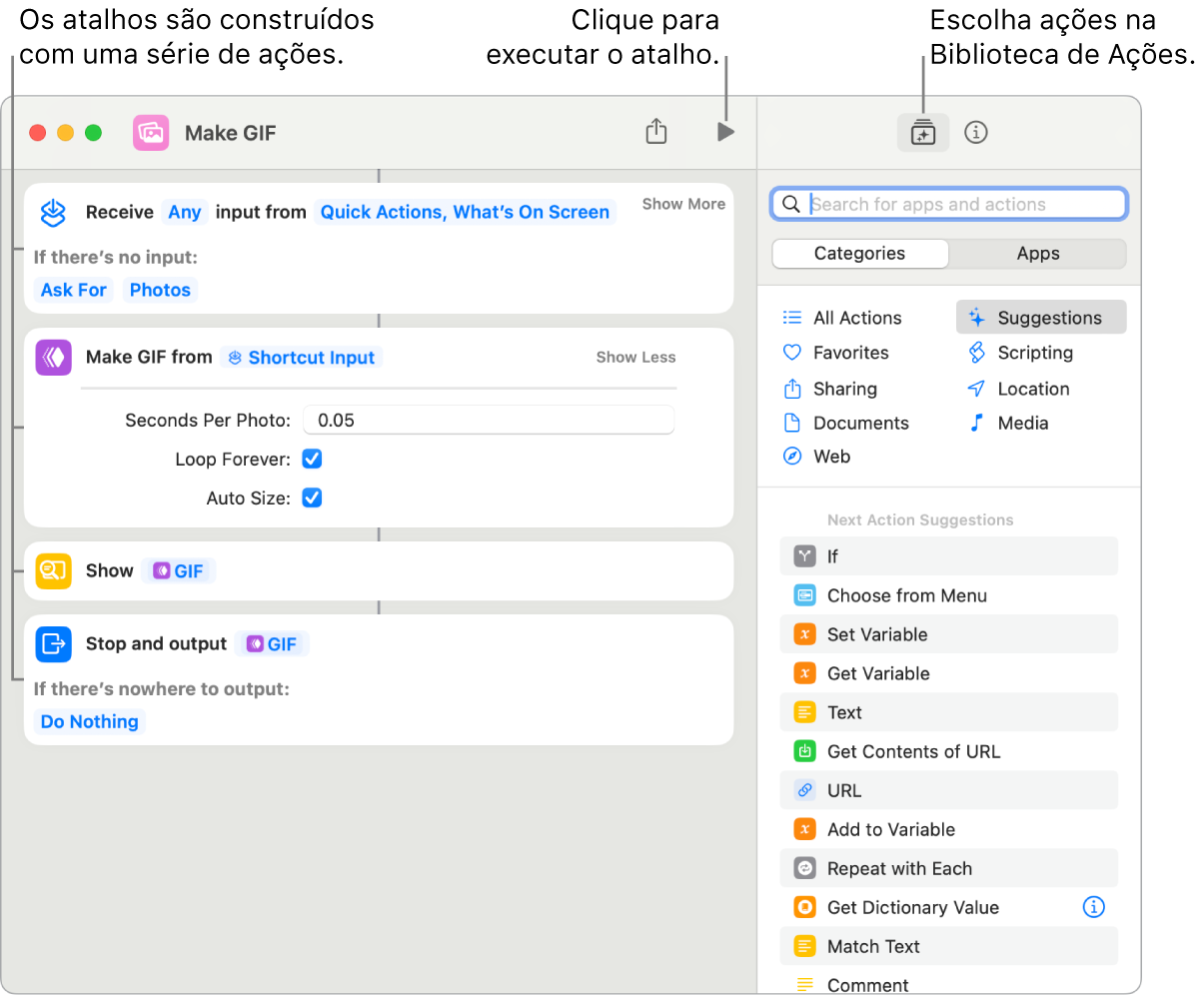 O editor do atalho Criar GIF à esquerda e a biblioteca de ações à direita.