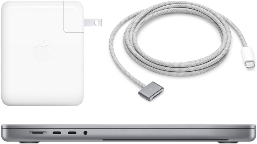 Partea laterală a unui MacBook Pro de 16 inchi, împreună cu accesoriile sale.