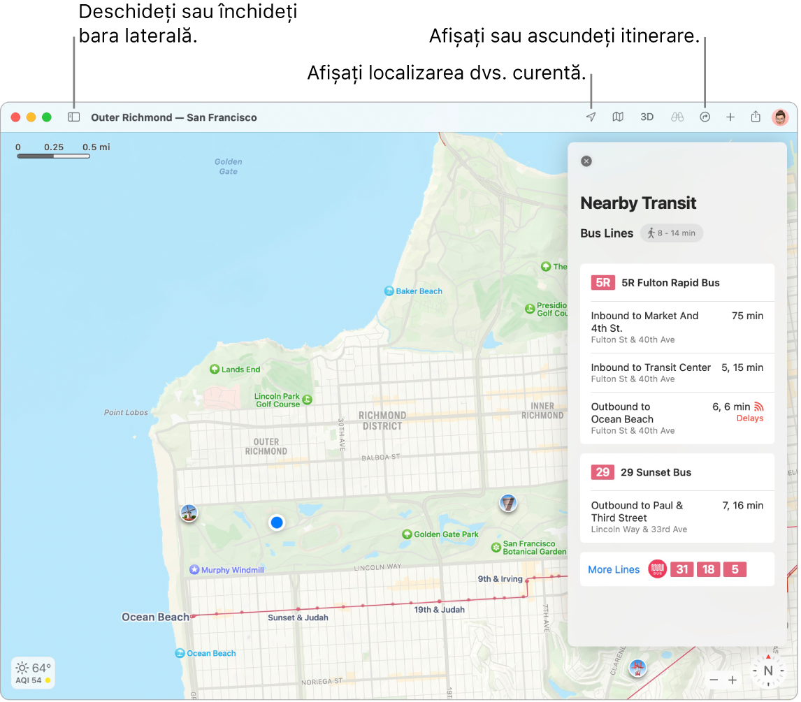 O fereastră Hărți afișând modul în care puteți obține un itinerar făcând clic pe o destinație din bara laterală, cum să deschideți sau să închideți bara laterală și cum să găsiți localizarea dvs. curentă pe hartă.