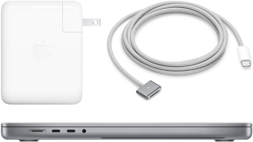 16‑дюймовый MacBook Pro (вид сбоку) и прилагаемые к нему аксессуары.