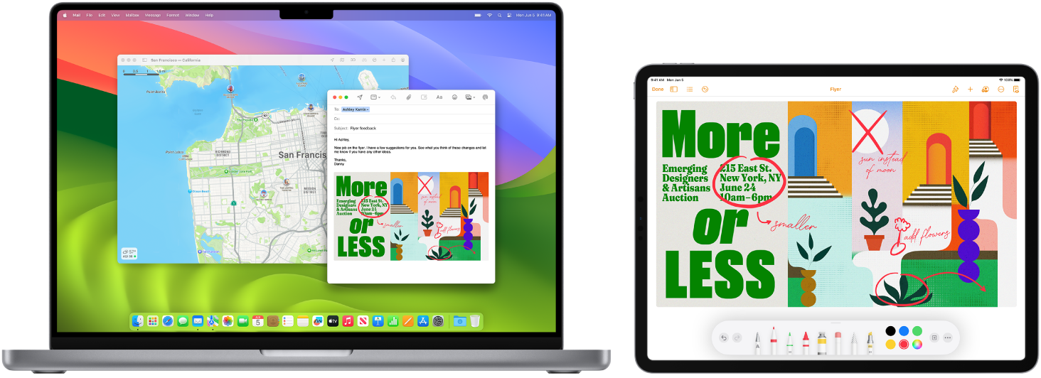 MacBook Pro и iPad показаны рядом. На экране iPad показана листовка с пометками. На экране MacBook Pro показано сообщение в Почте, в которое вложена размеченная листовка с iPad.