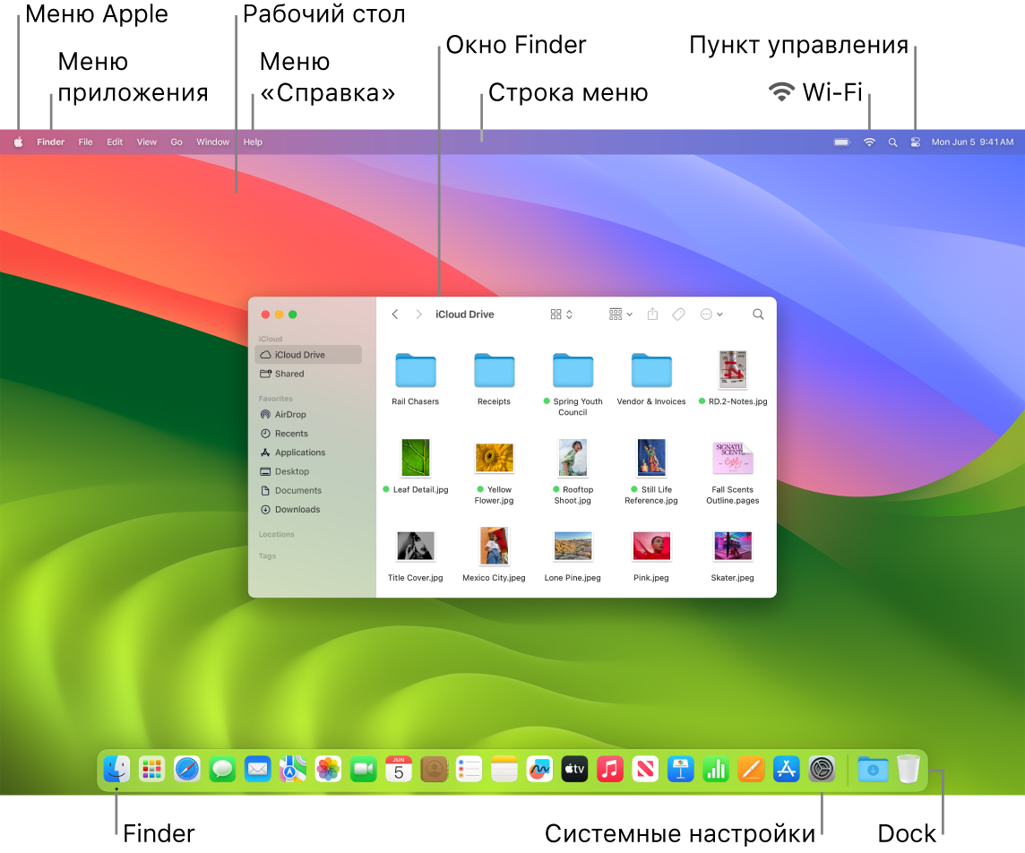 На экране Mac показаны меню Apple, меню приложения, Рабочий стол, меню «Справка», окно Finder, строка меню, значок Wi‑Fi, значок Пункта управления, значок Finder, значок Системных настроек и панель Dock.