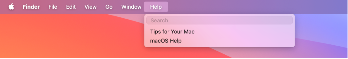 Del namizja z odprtim menijem Help prikazuje možnosti menija Search in pomoč za sistem macOS.