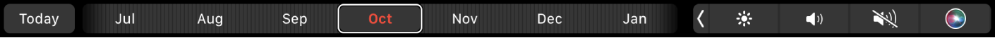 Vrstica Touch Bar v aplikaciji Calendar z gumbom Today in drsnikom za izbiro meseca.