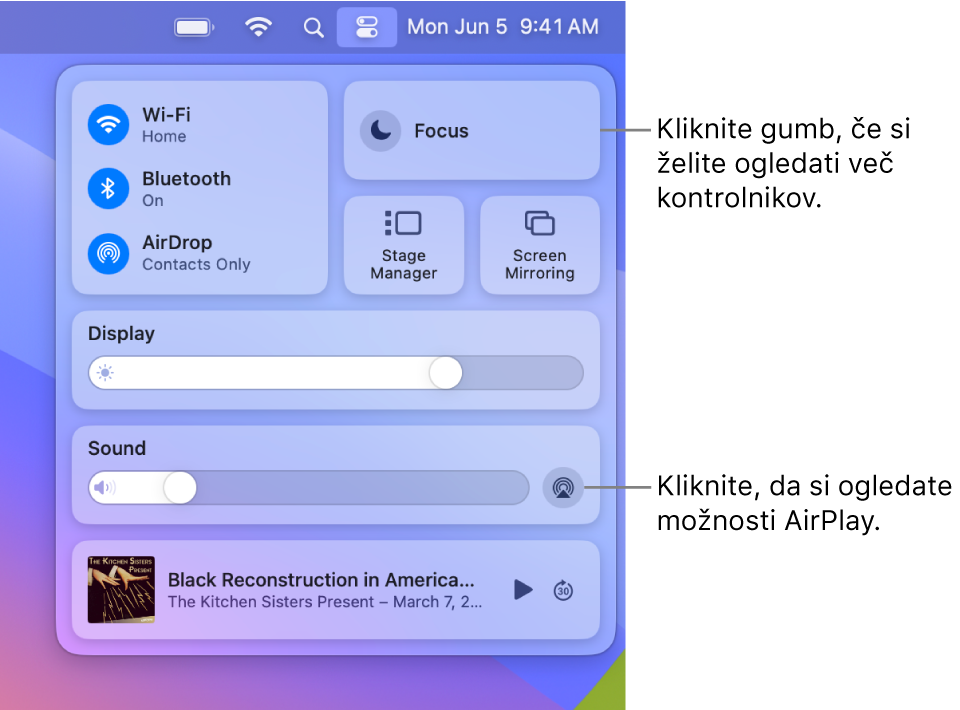 Približan pogled središča Control Center v računalniku Mac s sklicem na gumb »Display« (Prikaz).