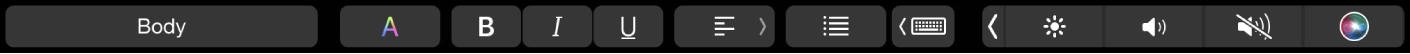 Pages Touch Bar med knappar för att byta styckestil, ändra textfärg, ändra textformateringen och justera text. Här finns även knappen för skrivförslag.