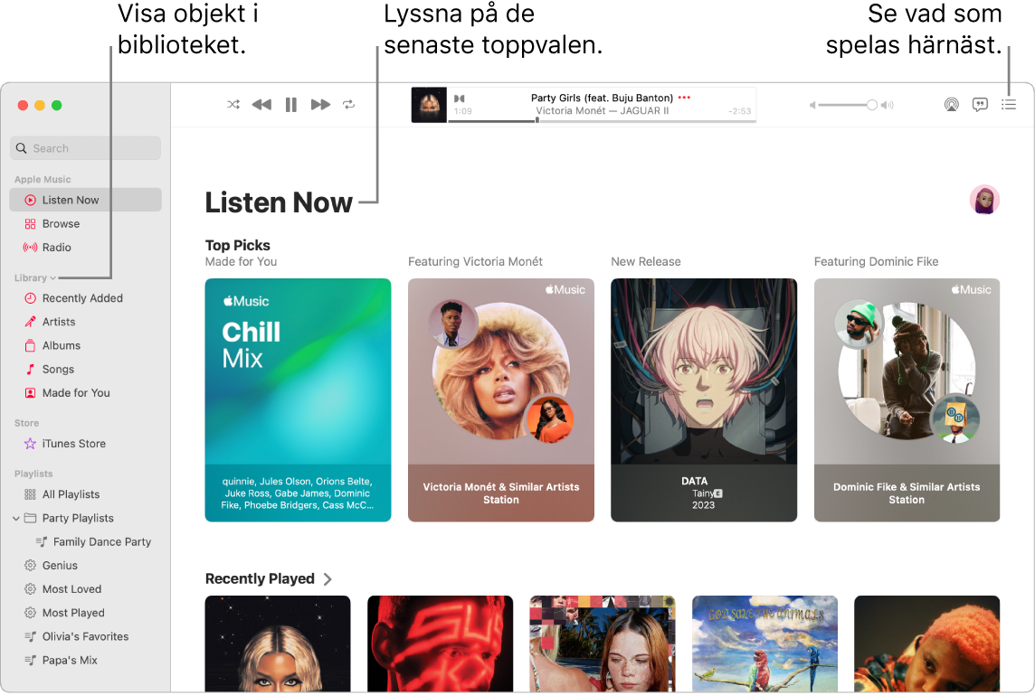 Ett fönster i appen Musik som visar hur du kommer åt ditt bibliotek, lyssnar på Apple Music och ser nästa låt.