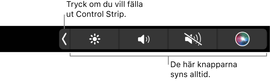 En delbild av den Touch Bar som är förval visar en ihopfälld Control Strip med knapparna som alltid är tillgängliga: ljusstyrka, volym och ljud av. Tryck på knappen som fäller ut Control Strip när du vill se den i sin helhet.