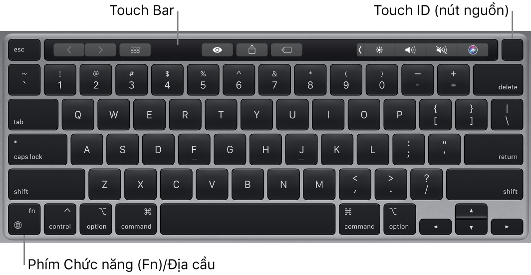 Bàn phím MacBook Pro đang hiển thị Touch Bar và Touch ID (nút nguồn) ở trên cùng, cùng với phím Chức năng (Fn)/Địa cầu ở góc phía dưới bên trái.