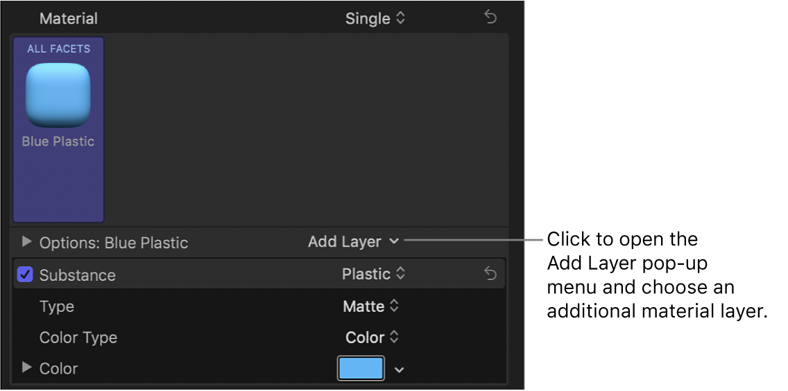 파란색 플라스틱이 선택된 텍스트 인스펙터 재질 섹션의 레이어 추가 팝업 메뉴