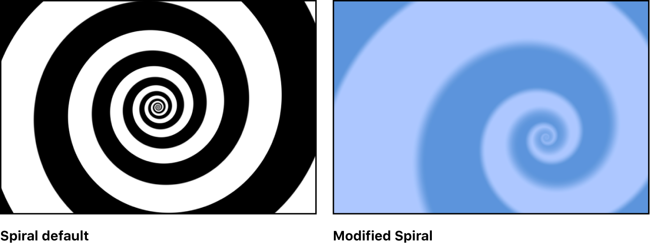 Canvas mit dem Generator „Spiralen“ und verschiedenen Einstellungen