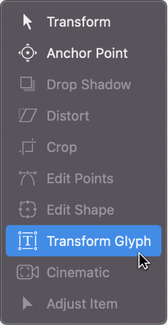 Auswählen des Werkzeugs „Glyphe transformieren“ im Einblendmenü für die 2D-Werkzeuge