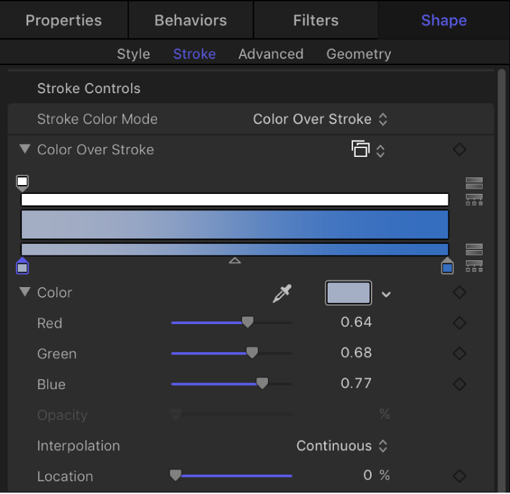 Stroke pane showing expanded gradient editor for Color Over Stroke parameter
