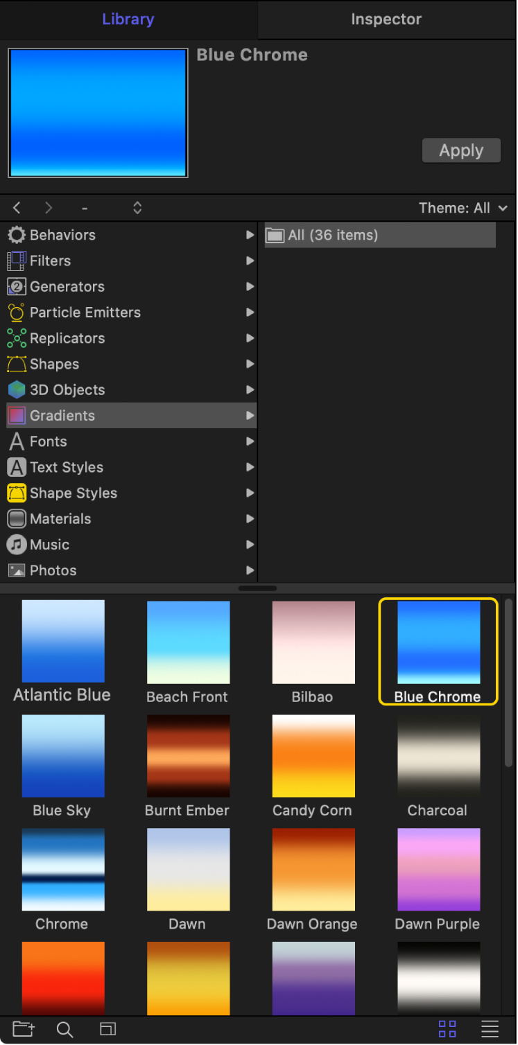 Library showing preview of selected gradient