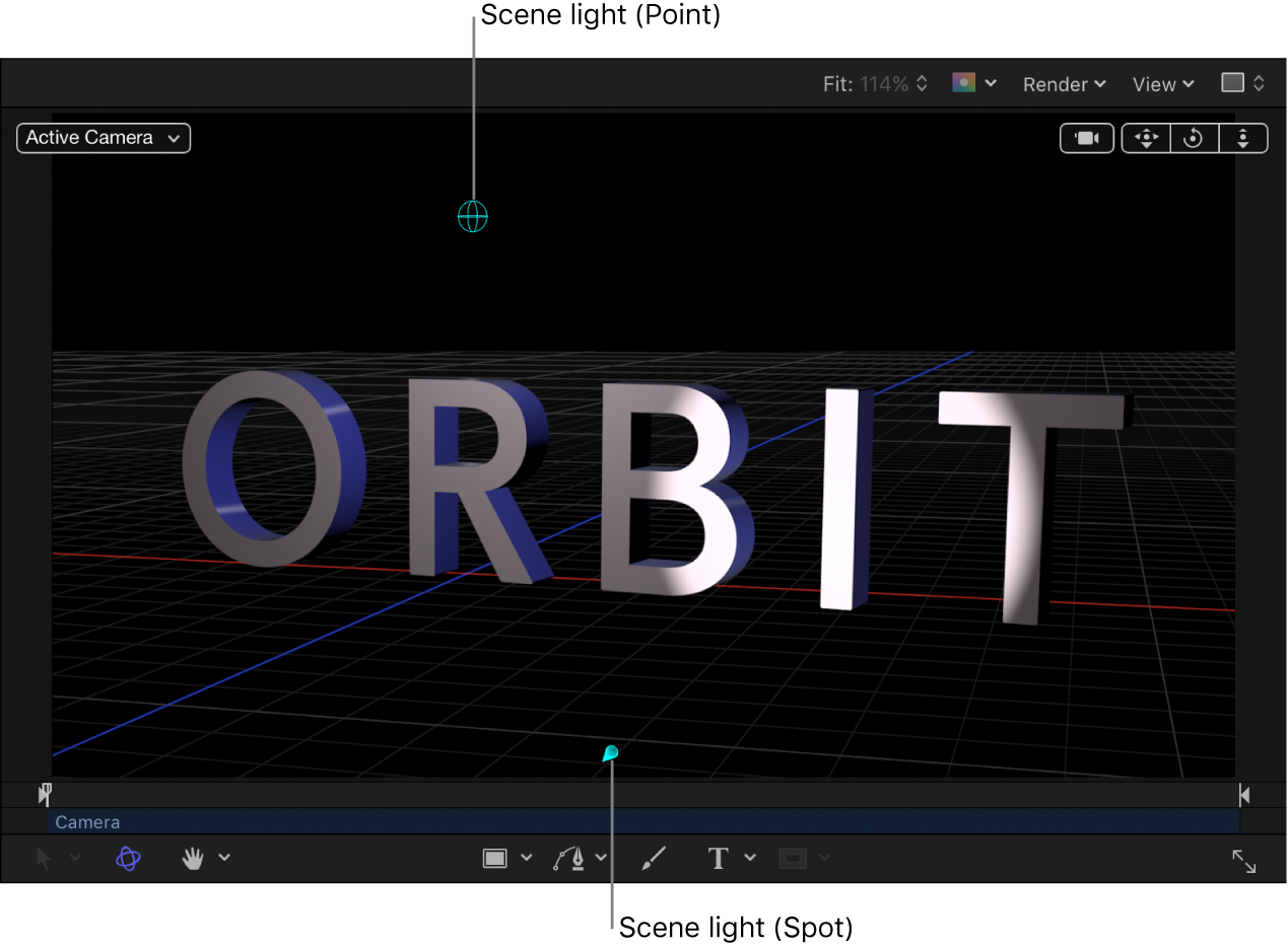 Canvas showing 3D text object with a scene light