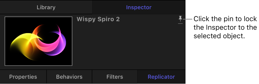 Inspector showing pin button to lock the Inspector to the selected object