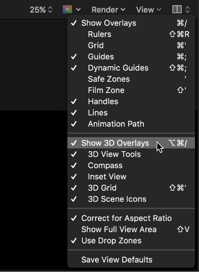 Selecting Show 3D Overlays from the View menu in the canvas