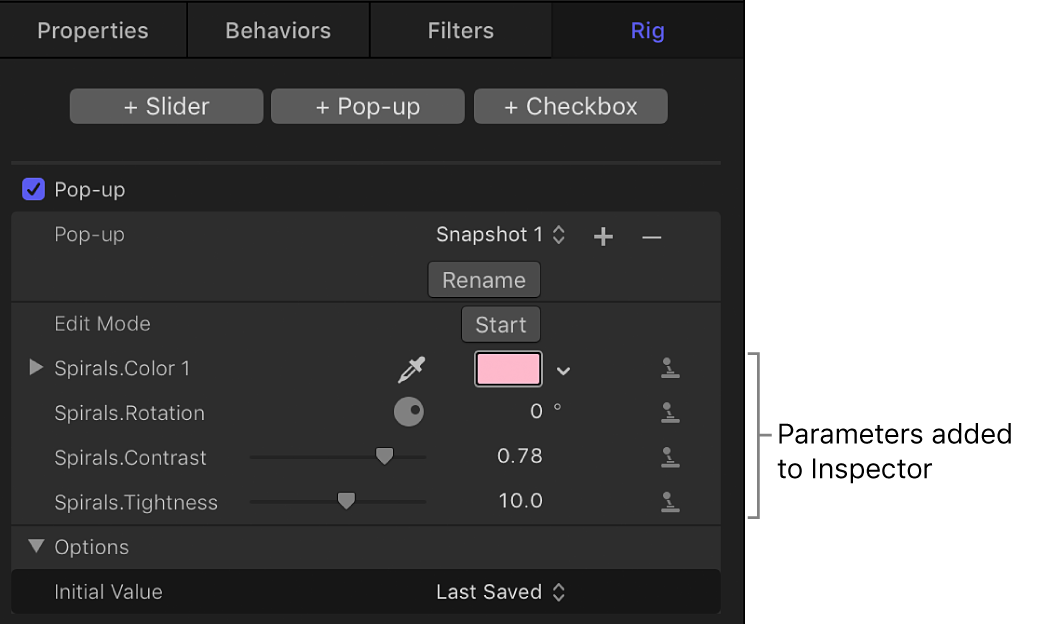 Parameters added to the Widget Inspector