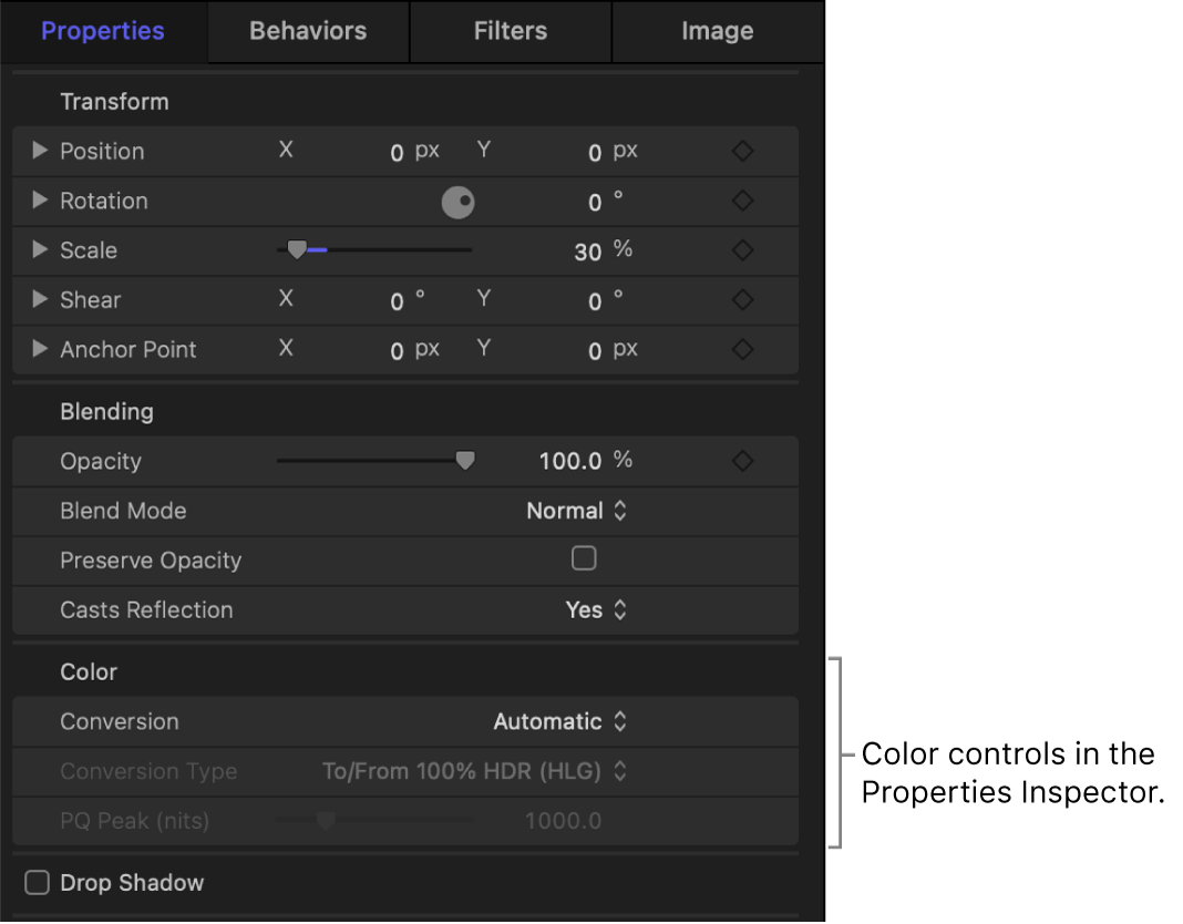 Color controls in the Properties Inspector for a selected clip.