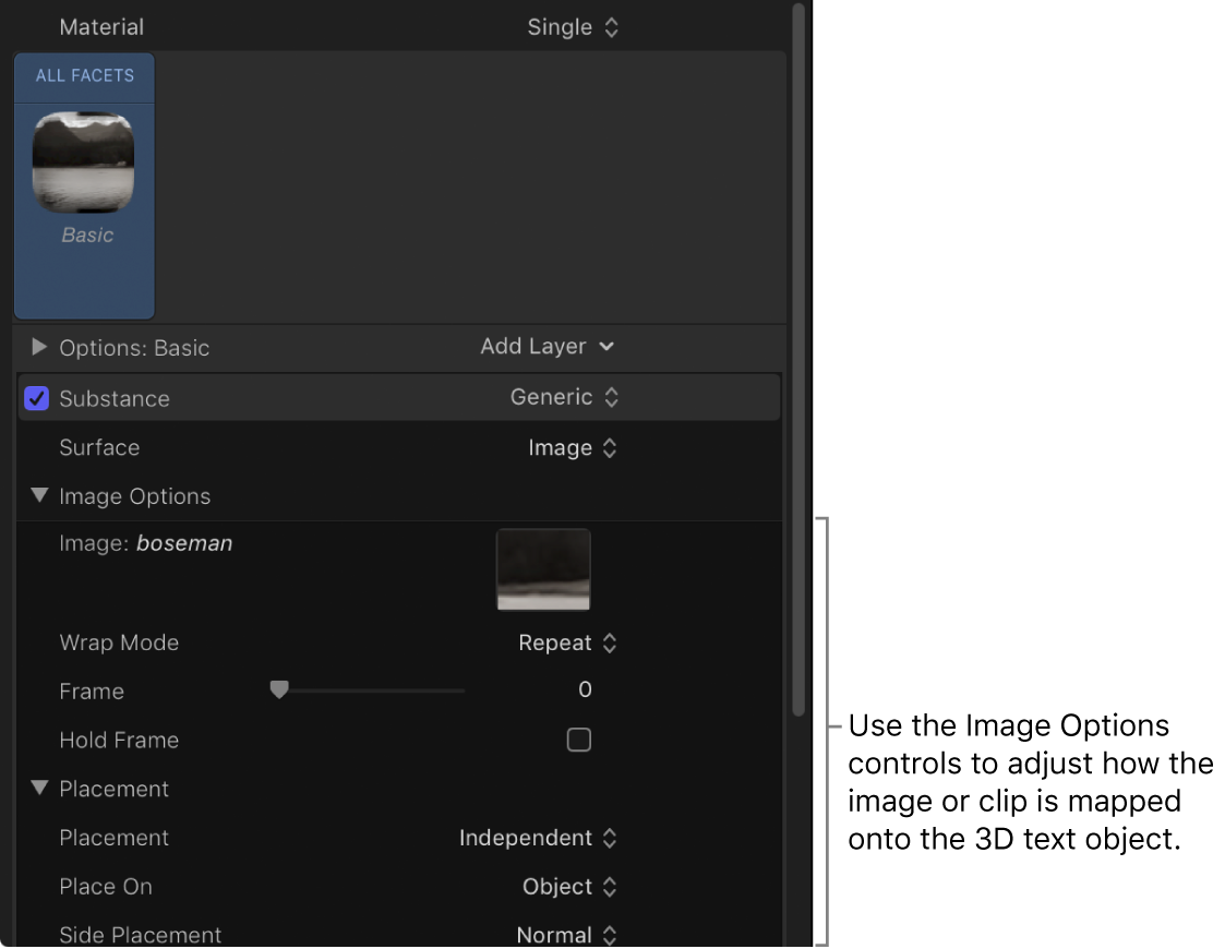 Image Options in the Appearance pane of the Text Inspector