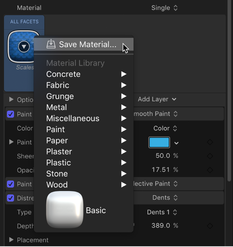 3D Text Inspector showing Save Material option in the Material Preset pop-up menu