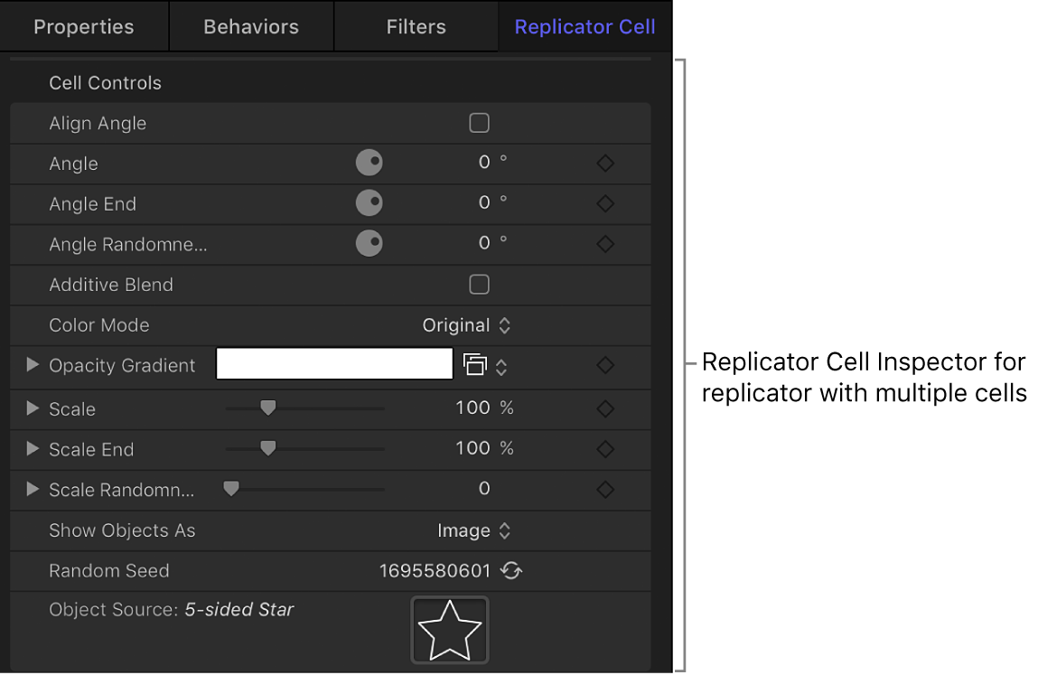Replicator Cell Inspector showing cell-specific parameters