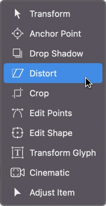 Selecting the Distort tool from the Transform tools pop-up menu