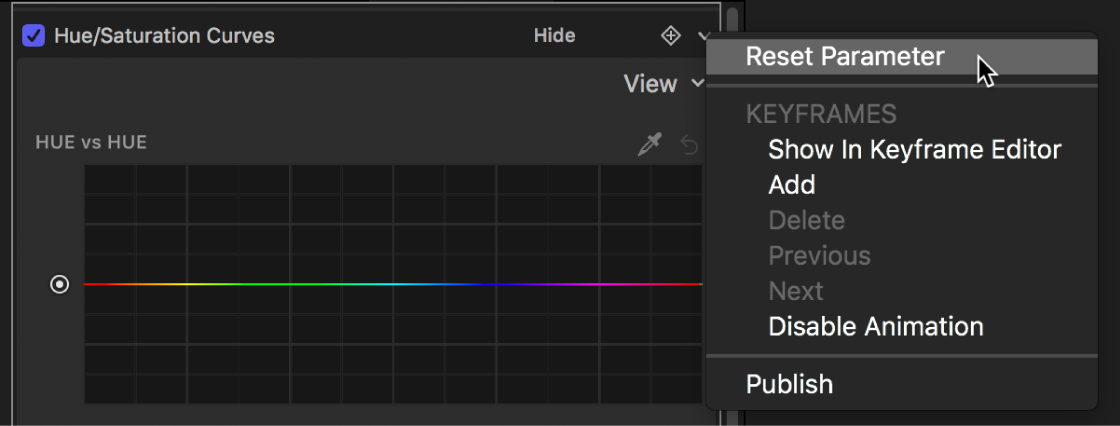 The Filters Inspector showing the Reset Parameter option in the Animation menu