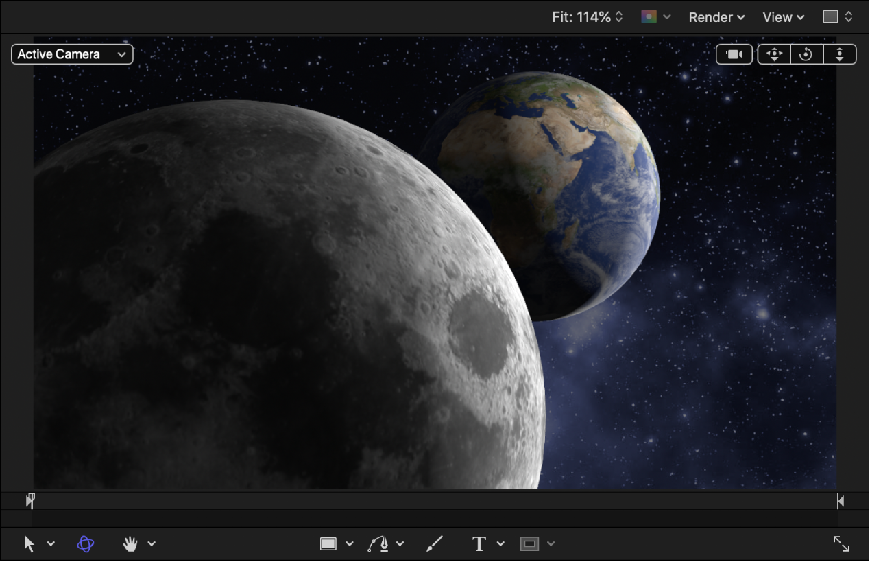 Earth and moon 3D objects in the canvas with a lowered 3D Object Environment value and lights added to the project
