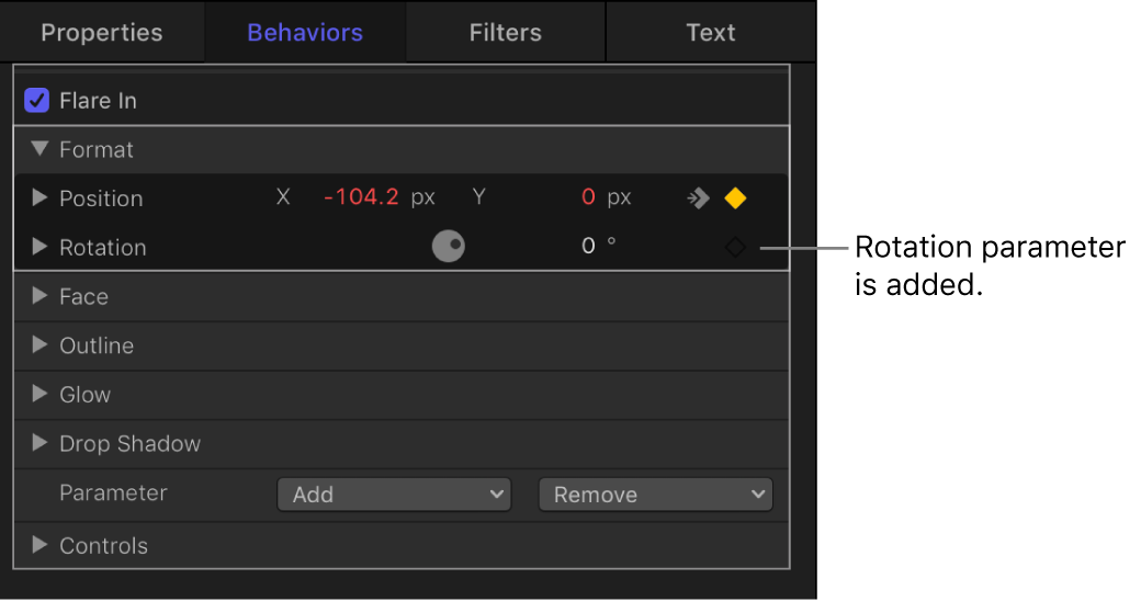 Inspector showing expanded settings for Flare In behavior