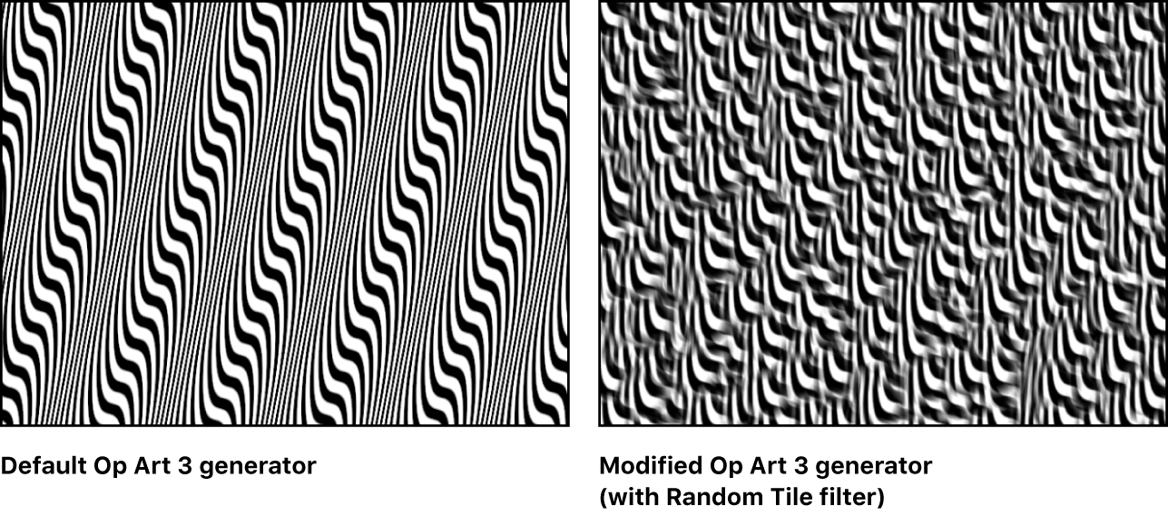 Canvas showing Op Art 3 generator alone and with Random Tile filter applied