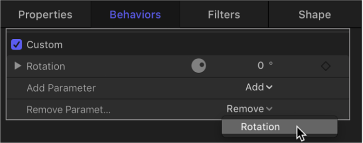 Behaviors Inspector showing parameter being removed from a Custom behavior