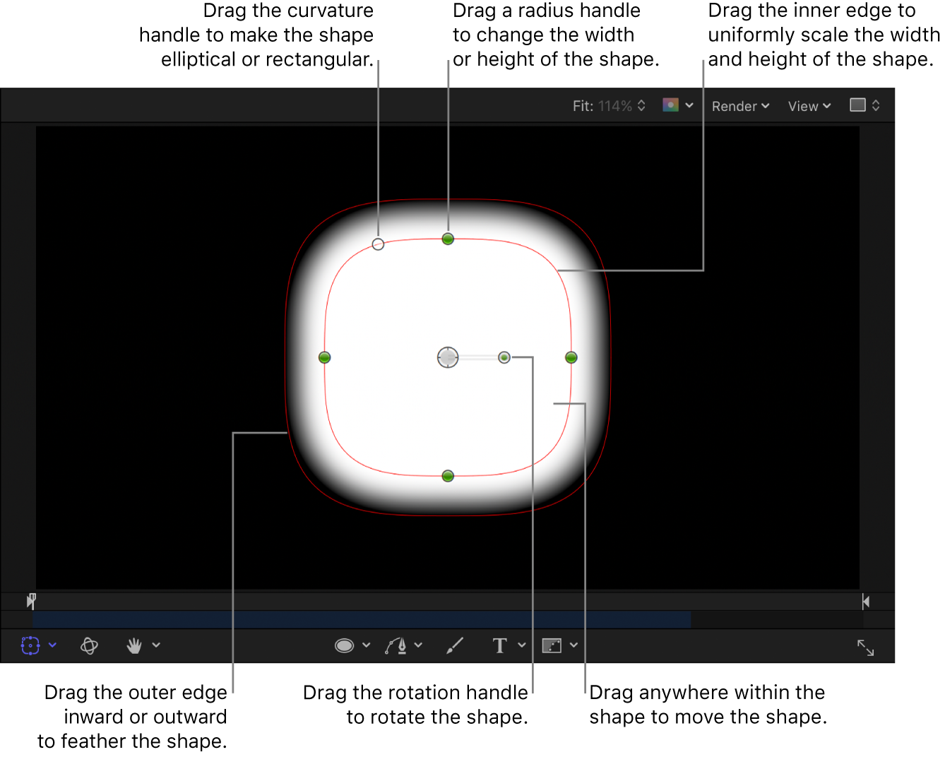 Onscreen controls to scale, feather, adjust curvature, and rotate a simple shape