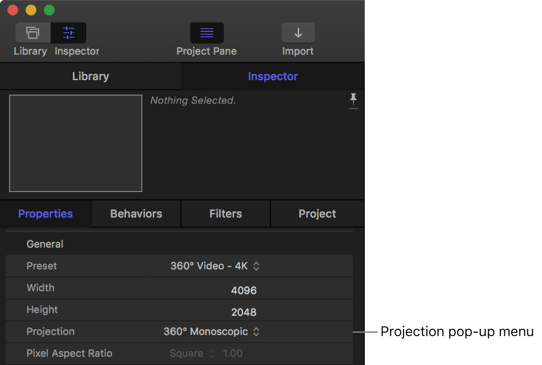 Projection pop-up menu in the Project Properties Inspector